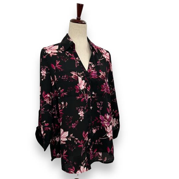 NEW BCX Black Floral Blouse Large Collared Satin Top Dark Flower Office Work - Picture 6 of 14
